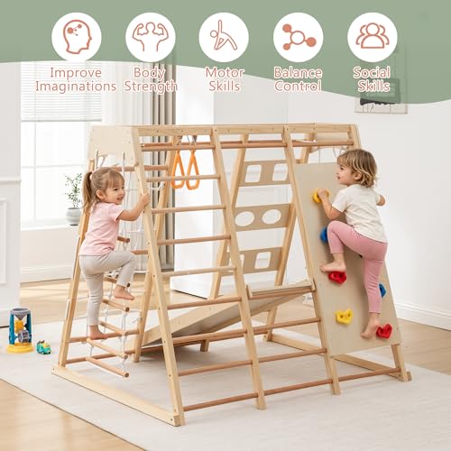 Image of 9-in-1 Toddler Indoor Jungle Gym & Playground Set, Wooden Climbing Toy with Slide, Swing, Climbing Net, Rings - Montessori-Inspired Kids Playset for Indoor Fun & Development, Ages 3-8