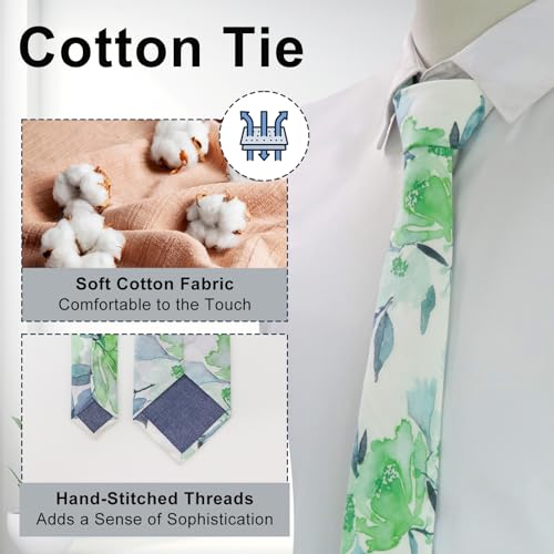 Image of Luckyvestir Mens Ties, Sage /Dusty Blue /Pink Floral Ties for Men, 2.76 inch Cotton Flower Necktie for Wedding /Groomsmen /Party