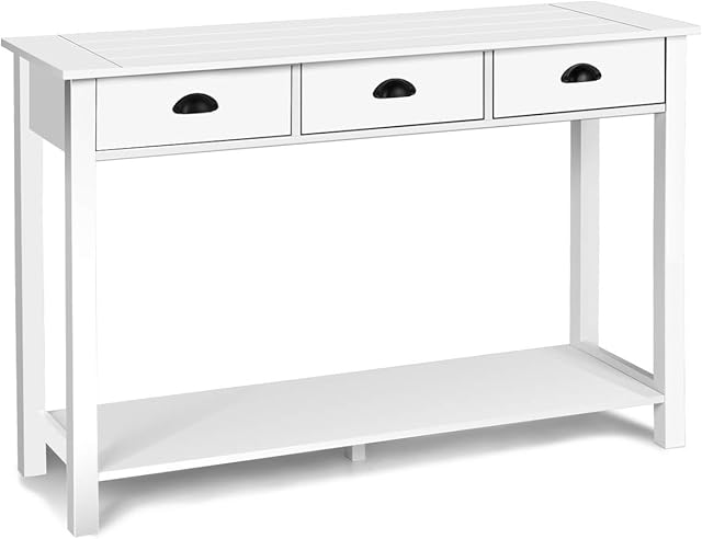 COSTWAY 120cm Console Table with 3 Drawers and Storage Shelf, Narrow Sofa Side End Table Hall Desk, Wooden Display Accent Dressing Table for Living Room Bedroom Entryway, White