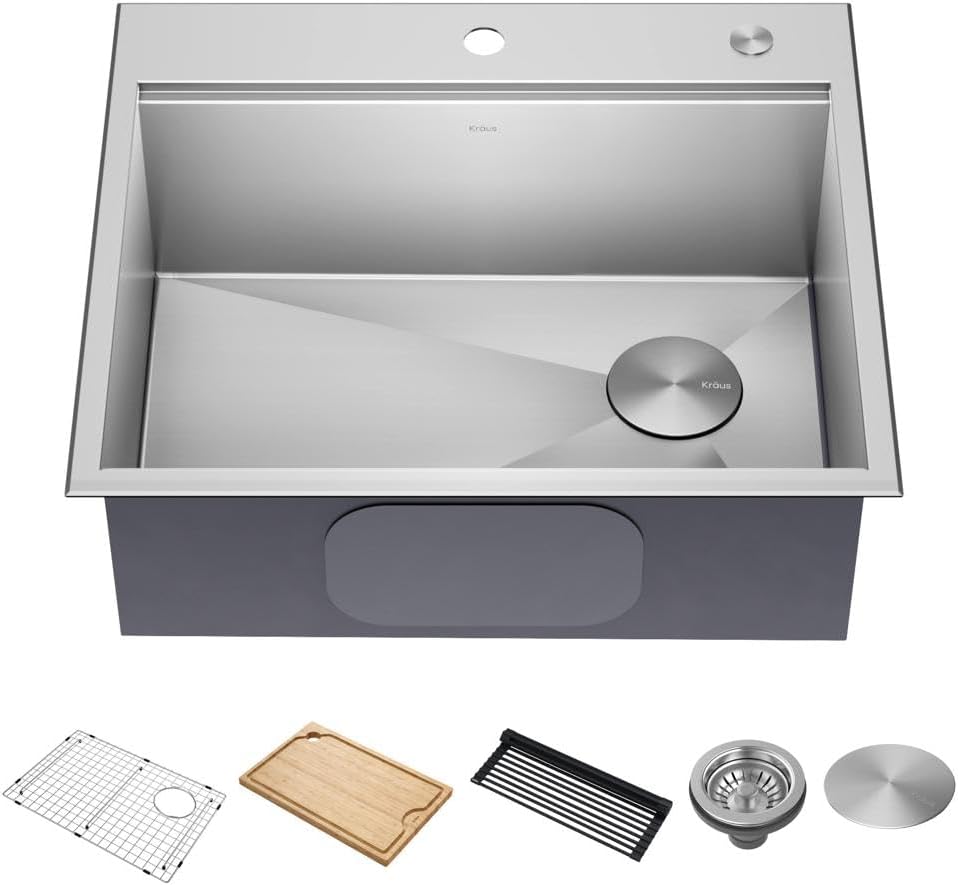 Kore 25-Inch Drop In/Top Mount Workstation 16 Gauge Single Bowl Stainless Steel Kitchen Sink with Accessories, KWT311-25