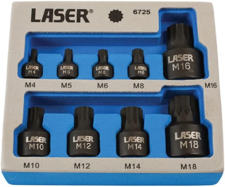 Laser 6725 Low Profile Spline Socket Bit Set, Silver, 1/4"D, 3/8"D, 1/2"D, 9pc