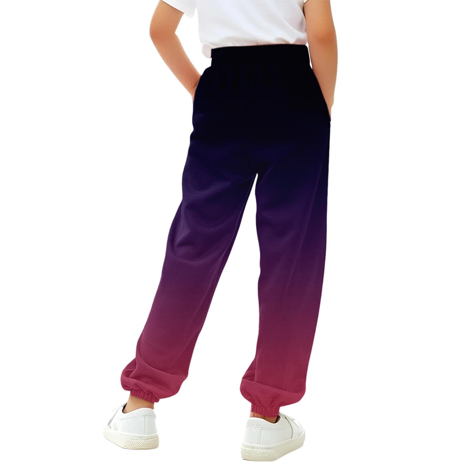 Pantalon de survêtement ample pour fille - Couleur dégradée - Taille élastique - Pour le sport - Avec poches - Pour l'école, l'entraînement athlétique - Avec cordon de serrage, violet foncé, 9-10 ans
