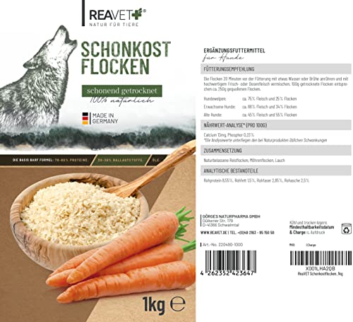 ReaVET Schonkost Hund 1kg - Barf Zusatz I Schonkostflocken für Hunde, Barf Ergänzungsfutter, Gemüseflocken, Futterzusatz ohne künstliche Zusätze