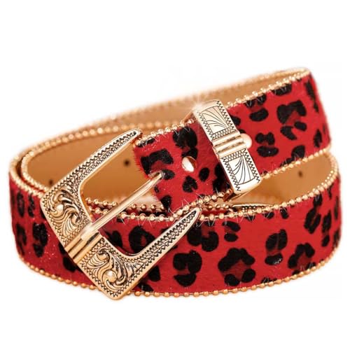 Tgirls Women Leopard Print Belts Western Belt for Jeans Dress Fashion Leather Belt with Gold Buckle
