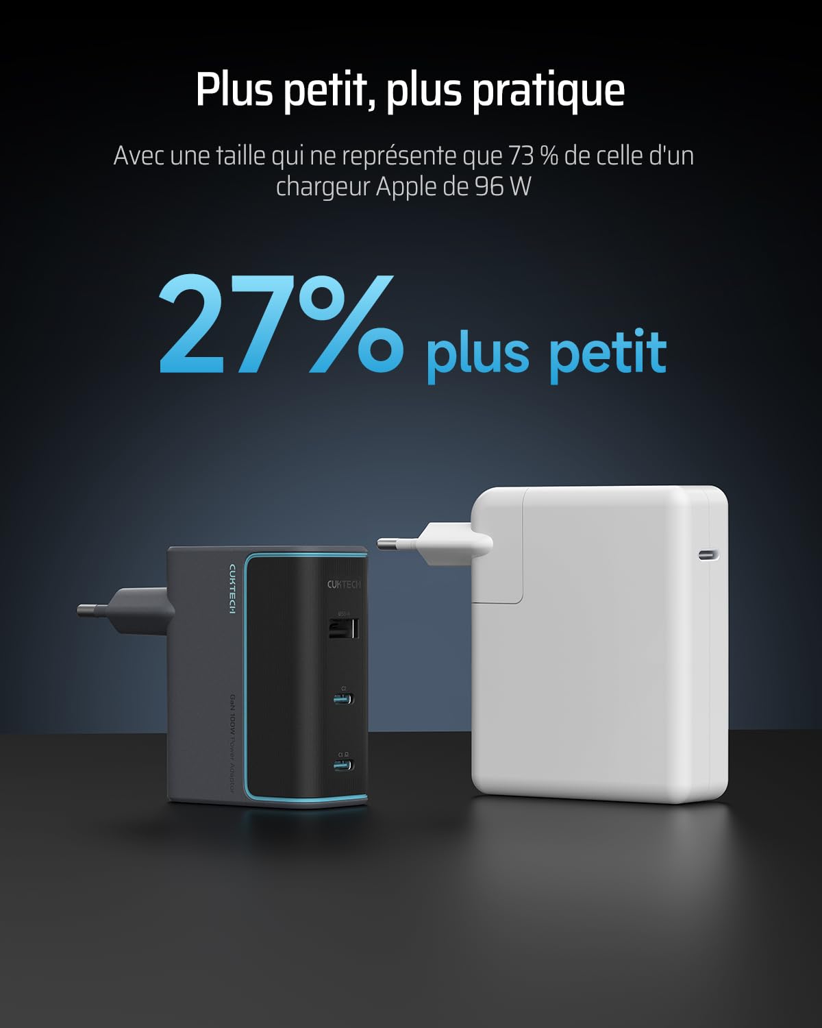 CUKTECH Chargeur USB C 100W, 3 Ports GaN III Tech et PPS PD3.0 Chargeur Rapide, Chargeur 100W USB C Rapide pour MacBook Air/Pro M4 M3, iPad Pro, iPhone 17/16, Samsung S24/S23, Xiaomi, Switch - Noir