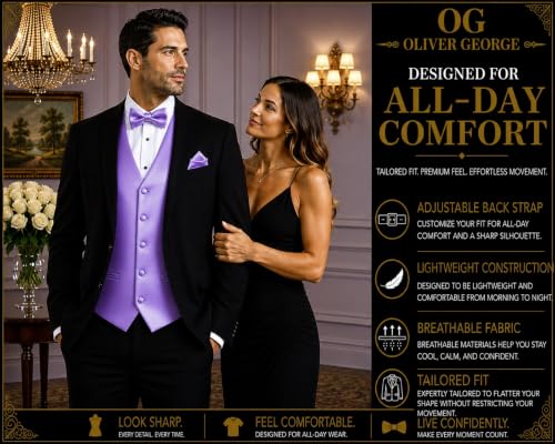 Image of Oliver George 4pc Men's Solid Formal Suit Waistcoat Tuxedo Dress Vest Necktie Bowtie Handkerchief Set for Suit or Tuxedo