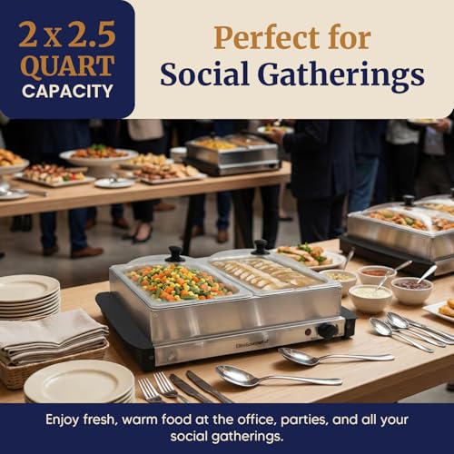 Image of Elite Gourmet EWM-6122X Deluxe Dual Buffet Server Food Warmer Party Tray, Gravy & Holiday Essentials, Special Events, 2 x 2.5Qt, Stainless Steel