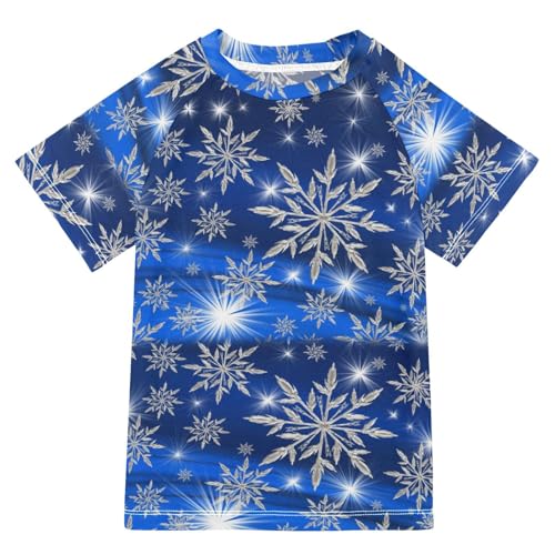 Aflyko Christmas Boys' Swim Shirt Silver Snowflake Blue Xmas Rash Guard Beachwear Sun Protection Fishing Hiking Camping Surfing Swimming Toddler Infant Summer Daily T-Shirt, 4T
