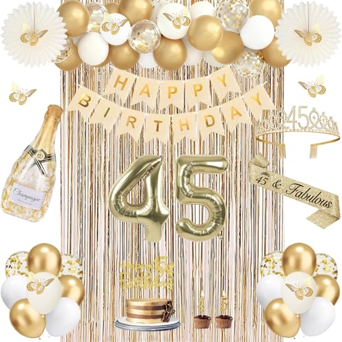 51Pcs 45th Birthday Decorations for Women Champagne Gold Happy 45 Year Old Gifts for Women 45 Sash and Crown Banner Fringe Curtains Hanging Paper Fans 45th Birthday Party Decorations