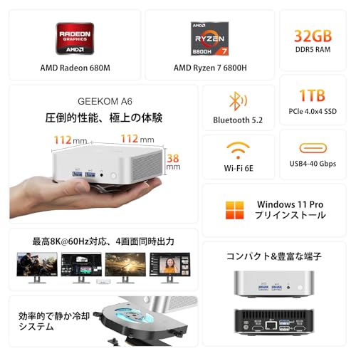 undefined GEEKOM A6 ミニpc、AMD Ryzen 7 6800H搭載【128GB RAM+6TB SSD(最大拡張可能)】3年保証対応 ミニパソコン|4画面出力 最大8K@60Hz対応|USB4:Oculinkよりスムーズ|SDカードスロット|Win 11 Pro 正規版|WiFi 6E・BT 5.2・2.5G LAN|オフィス/動画編集/ゲーミングに最適|32GB DDR5+1TB SSD の商品画像 1