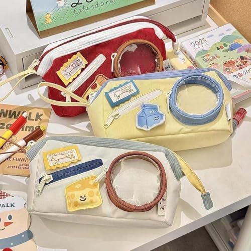 Image of Alokik Cheese Pizza Red Pencil Pouch for Girls & Boys, Large Capacity Zipper Pencil Case with Transparent Display Window & Front Pocket, Cute Food Theme Stationery Bag (Cheese Pizza - Red)