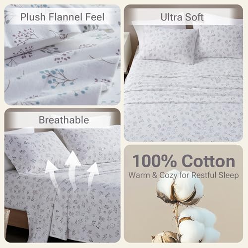 Image of True North by Sleep Philosophy Flannel Sheets King Size, Cozy 100% Cotton Flannel Bed Sheets, Ultra Soft Sheet Set, Novelty Print Themed Cold Weather Warm Bedding Set, White Tossed Botanical, 4 Piece