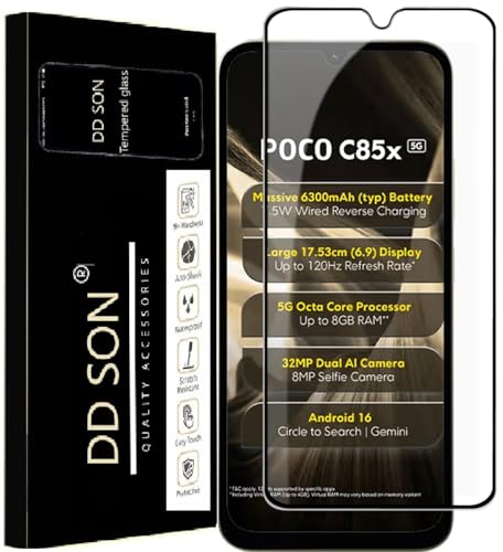 Image of DD SON Premium Tempered Glass Screen Protector Guard Compatible For Poco C85X 5G (6.9 Inch, Pack of 1) | Edge to Edge Coverage With Easy to installation kit for Smartphone