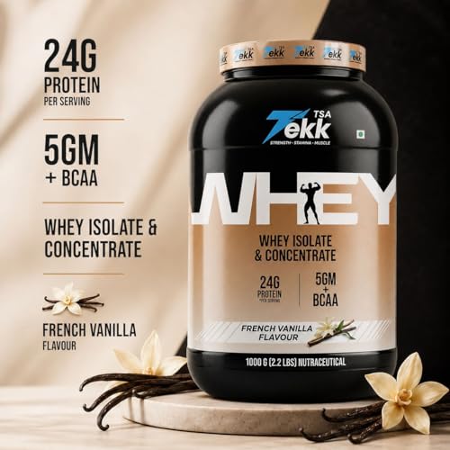 Image of TSA Tekk Whey Protein 1kg | 24g Protein with Hydrolyzed Whey Isolate + Concentrate Blend | Vegetarian Protein Powder for Muscle Gain, Recovery & Strength | No Added Sugar, Easy Digest (French Vanilla Flavour Whey)
