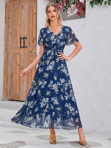 Image of Simplee Women's Boho Floral Maxi Dress Flowy Casual V Neck Short Sleeve Wedding Guest Holiday Beach Long Dress