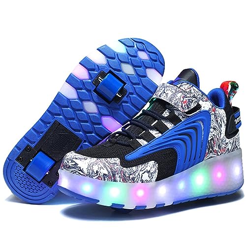 Zapatos de Rodillos con Luces LED, Zapatillas de Skateboard retráctiles para niños, Zapatos de Deporte al Aire Libre con Zapatillas parpadeantes (D-Blue,35)