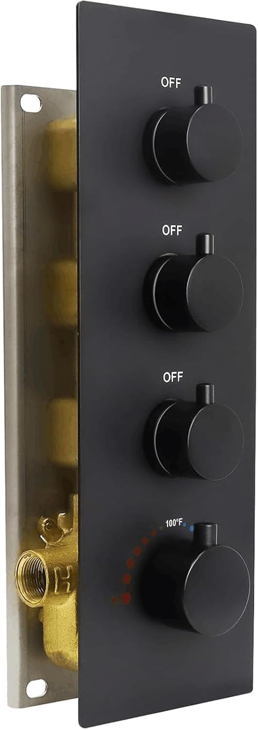 HOMEDEC 3 Way Thermostatic Shower Diverter Valve, Brass 3/4" Inlet and 1/2" Outlet, Multi-Function Diverter with Independent Controls, Black