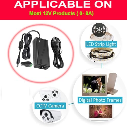 Image of Power Supply, 12V Power Transformers, AC 100-240V to DC 12V 8A Power Supply LED Adapter, 96 Watt Max, for LED Strip Neon Rope String Lights, Computer Project, Recorder, TV Screen