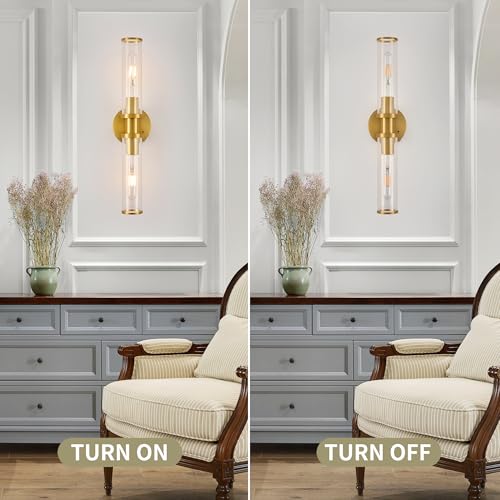 Image of 8000mAh Wireless Wall Sconces with Remote Control 3000K, Gold, 20.5 Inch | Battery Operated Wall Sconce Set of 2 with Timer, Rechargeable Dimmable Wall Lights for Living Room Bedroom Hallway Entryway