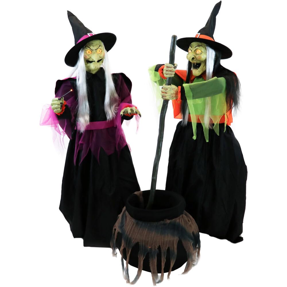 Haunted Hill Farm Motion-Activated Wicked Cauldron Witches by SVI, Plug-in Talking Scare Prop Animatronic for Indoor or Covered Outdoor Creepy Halloween Decoration