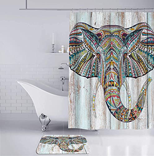 Duobaorom 4 Pieces Set Tribal Elephant Shower Curtain Set Boho Paisley Elephant Animal Picture Print On Non-Slip Rugs Toilet Lid Cover Bath Mat And Bathroom Curtain With 12 Hooks 72X72Inch #TOP2