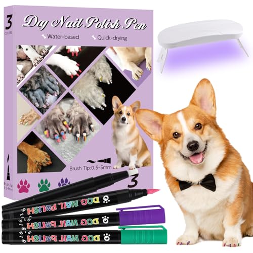 EBANKU Dog Nail Polish Pens Quick Dry, 3 Colors Pet Nail Polish Set with Top Coat Nail Lamp, Dog Nail Polish Pen for DIY Nails, Pet Puppy Cat or Other Pets Nail Accessories Set