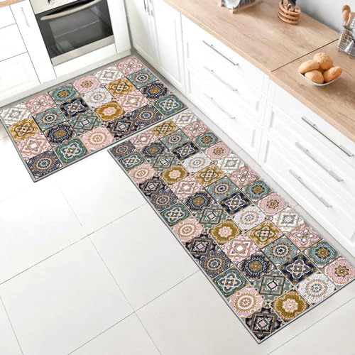 SHUAIG Kitchen Rug Set 2 Piece Non Slip Washable,Kitchen Mat Anti Fatigue Set,kitchen carpets with anti-slip stickers for Home Decoration (Style Q, 43x75 + 43x150 cm)