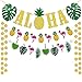 Hawaiian Aloha Party Decorations - Large Gold Glittery Aloha Banner and Flamingle Pineapple Garland For Luau Party Supplies - Tropical Theme Summer Beach Pool Party Decorations - Luau Birthday Bachelorette Wedding Party Decor