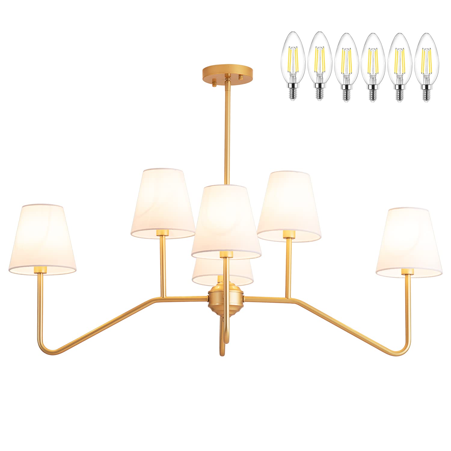 39" 6 Arms Kitchen Island Lighting,6 Lights Dining Room Chandelier,Gold Body + Fabric Shade Fixture for Hallway Entryway Foyer Living Room,6 E12 Bulb Included