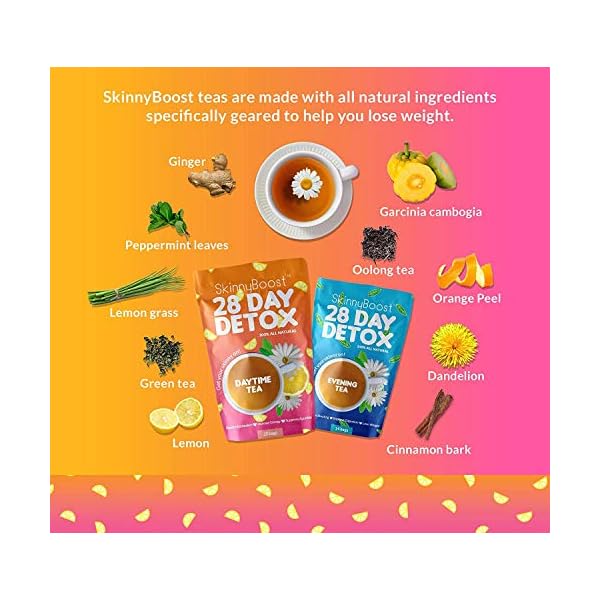 SkinnyBoost 28 Day Detox Tea Kit-1 Daytime (28 Bags) 1 Evening (14 Bags) Non GMO, Vegan, All Natural Teas, Made with Green Tea and Herbal Teas for Natural Detox and Cleanse