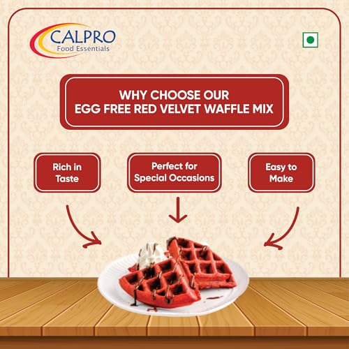 Image of Calpro's Eggfree Red Velvet Waffle Mix: Instant Premix for Baking | Crunch And Crust,Sweet Flavours ! Ready in Min ! Melt-In-Mouth -100% Vegetarian ! Cake Mix Power 450grm