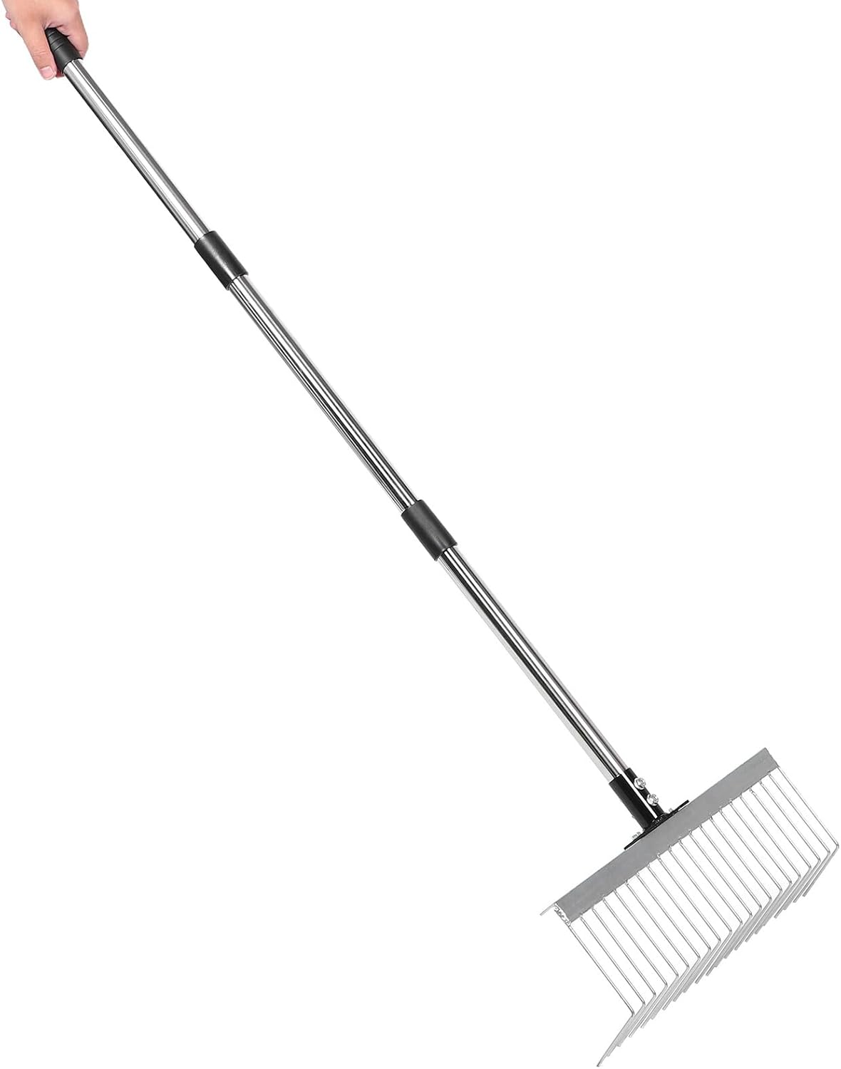 BESTonZON 21-Tine Garden Rake with Detachable 1.25m Stainless Steel Handle for Lawn Leaf Collecting, Soil Loosening, and Dethatching in Yard and Landscape Maintenance
