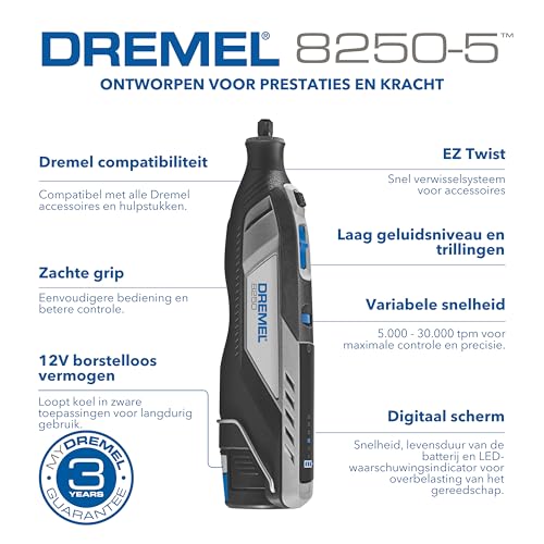 Dremel 8250 12V Snoerloze Roterende Gereedschap Borstelloze 5.000-30.000 RPM Multitool-set met Gereedschapstas 5 Accessoires 2.0Ah Accu+Oplader voor Slijpen, Boren, Frezen Voegen Verwijderen, Graveren - Afbeelding 3