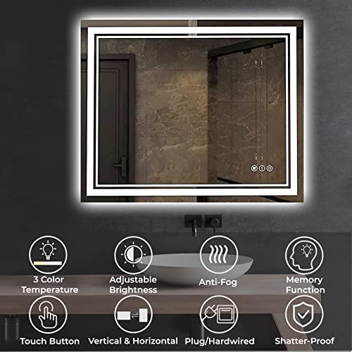 Awandee 40X32 Led Bathroom Mirror With Lights, Dimmable Lighted Vanity Mirror With Front And Backlit, Large Anti-Fog Led Vanity Mirror For Wall With 3 Colors, Memory, Shatter-Proof,Horizontal/Vertical #TOP1