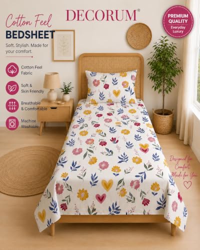 Image of DECORUM Glace Cotton Single Bedsheet with 1 Pillow Cover | Soft, Durable, Lightweight & Skin-Friendly Fabric| Suitable for Single /Diwan Bed Size