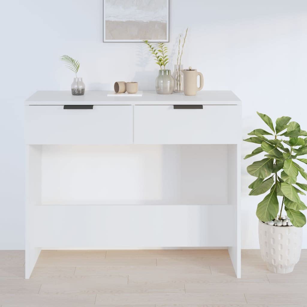 Tavolo consolle bianco, 90 x 36 x 75 cm, tavolo da corridoio con 2 cassetti | Tavolino sottile in legno per corridoio e soggiorno, offre uno spazio stabile con due cassetti.