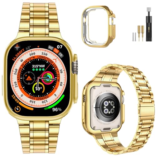 Image of MioHHR Solid Stainless Steel Band Compatible with Apple Watch 49mm Ultra 3 /2 /1, Metal Strap with Soft TPU Case for iWatch Series Ultra 3 /2 /1 49mm Women and Men, Gold