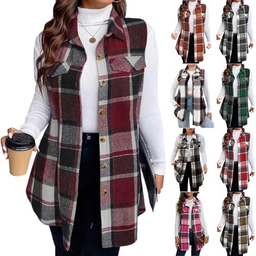 Long Vest for Women Sleeveless Fall Button Down Plaid Vest Lapel Checkered Flannel Shacket Comfy Oversized Cardigans