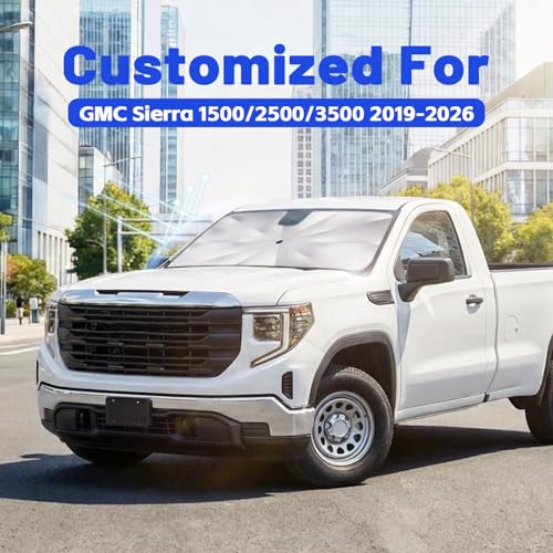 Image of Car Windshield Sun Shade for GMC Sierra 1500 2500 3500 2019-2026 -[Reflective Coated Fabric] Sunshade Umbrella for Front Window, Car Shades Sun Visor Keep Car Cool and Protects Interior, 1:1 Exact Fit