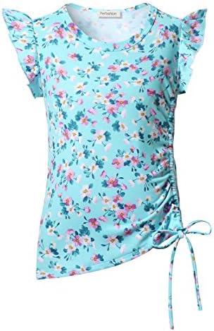 Girls Floral Tunic Tops Flutter Sleeve Casual Side Drawstring Blue Shirts Flower Blouse 6-7y