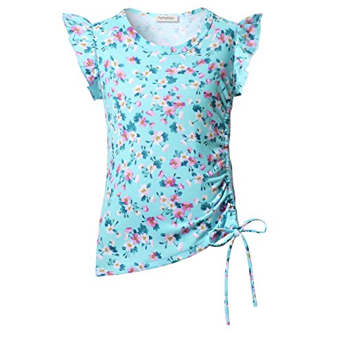 Image of Perfashion Girls Flutter /Long Sleeve Cotton T-Shirts Side Drawstring Tunic Blouse Round Neck Casual Tops for 4-13Years