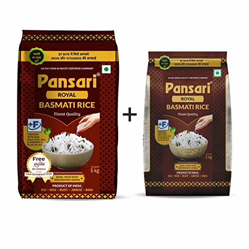 Image of Pansari Royal Basmati rice, Great Taste and Mesmerizing Aroma | Long Grain, Naturally Aged(2-Years) with Fortified | Basmati Rice, Biryani Rice, Pulao Rice (5+1Kg)