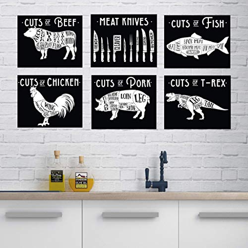Vintage Style Meat Butcher Prints - T-Rex Dino 6 Chef Diagram Illustrations Black