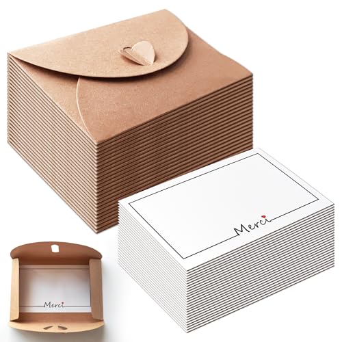 25 Pièces petite Enveloppes Kraft avec 25 Cartes Vierges, 10.6×7.6cm pour Noël Fête d'Anniversaire Mariage Félicitation Invitation (Merci)