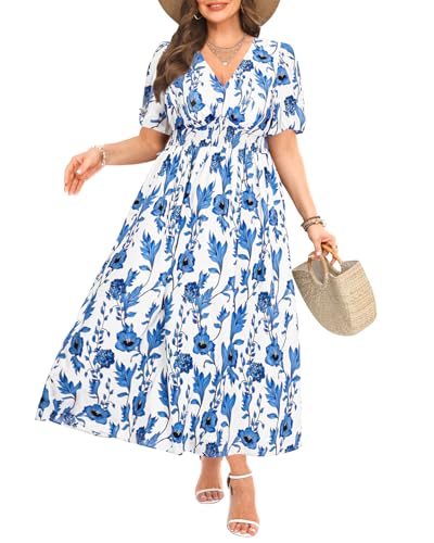 Image of Pinup Fashion Plus Size Wedding Guest Chiffon Semi Formal Maxi Dress | Chiffon, V-neckline, short sleeves, shirred waist, textured floral pattern, maxi length, versatile for all seasons