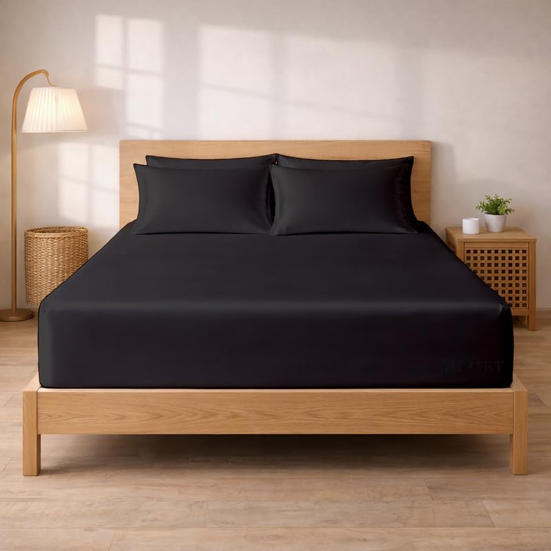 Image of Filbert - Premium Satin Fitted Bedsheet Single Bed (36x75 Inch) with 1 Pillow Cover | Hypoallergenic Breathable | Hair and Skin Friendly, Women Gift Choice|Midnight Black