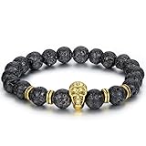 Flongo Men's Tribal 8mm Alloy Gold Skull Head Black Lava Rock Buddha Mala Beads Bracelet Link Wrist
