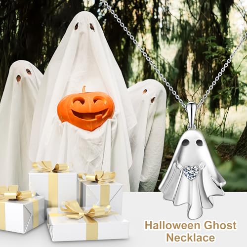 Halloween Ghost Necklace for Women S925 Sterling Silver Spooky Ghost Pendant With Heart Cz for Women Halloween Jewelry Gift2