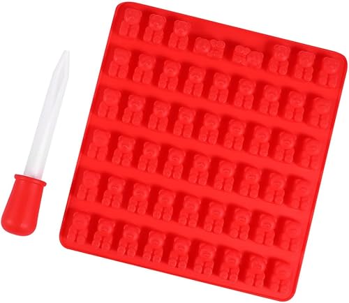Garneck Cavity Bear-shaped Silicone Chocolate Candy Mold with Dropper Non-stick DIY Gummy Mold Tray for Jelly Ice Cubes and Homemade Treats in Red