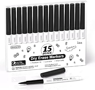 Ultra Fine Tip Whiteboard Pens, Shuttle Art 15 Pack Black Whiteboard Markers Erasable, 0.7mm Felt Tip Dry Wipe Markers for Writing on Whiteboards, Dry-Erase Boards, Planner for School Office Home